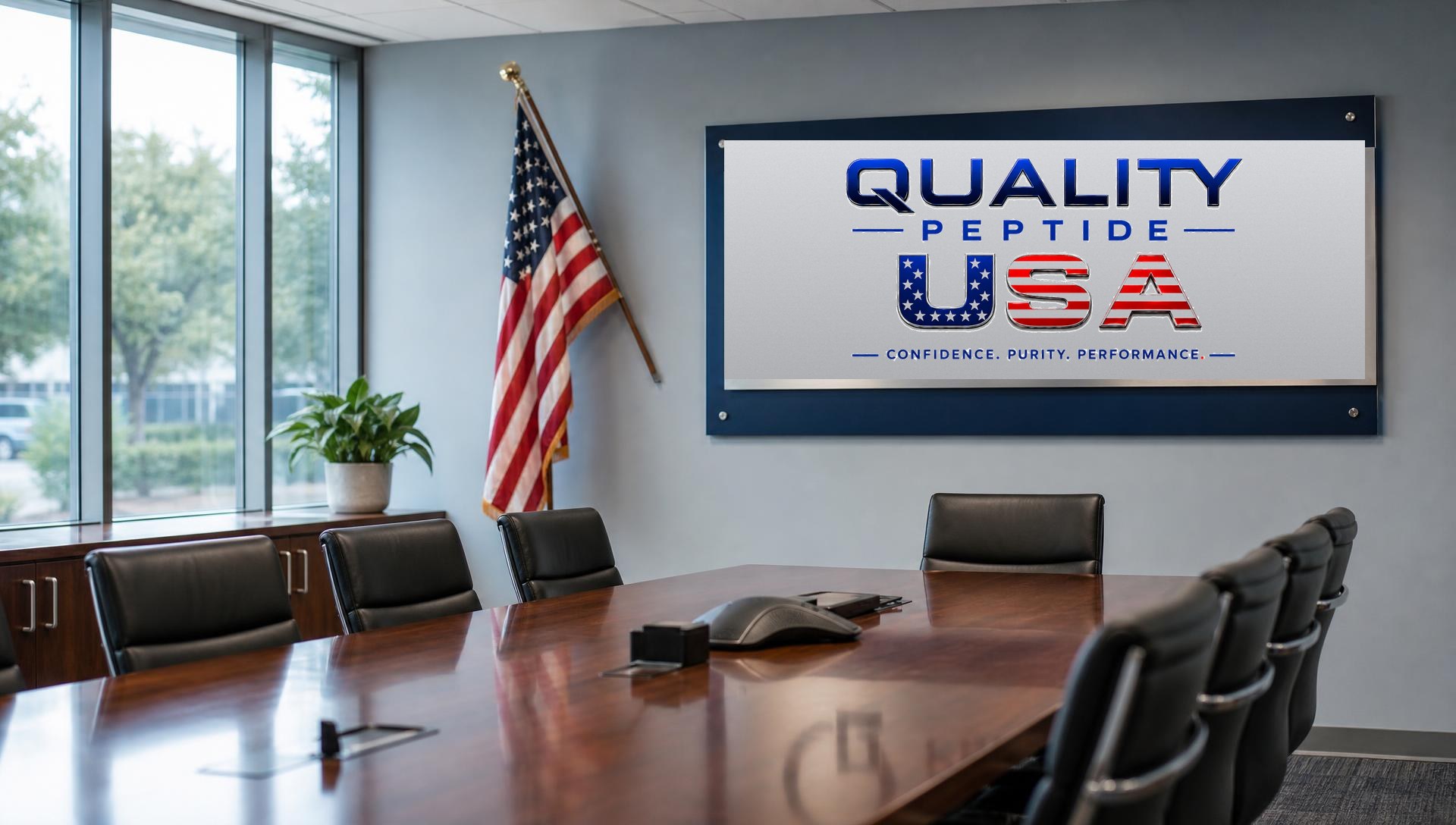 Quality Peptide USA boardroom with branded wall sign and American flag